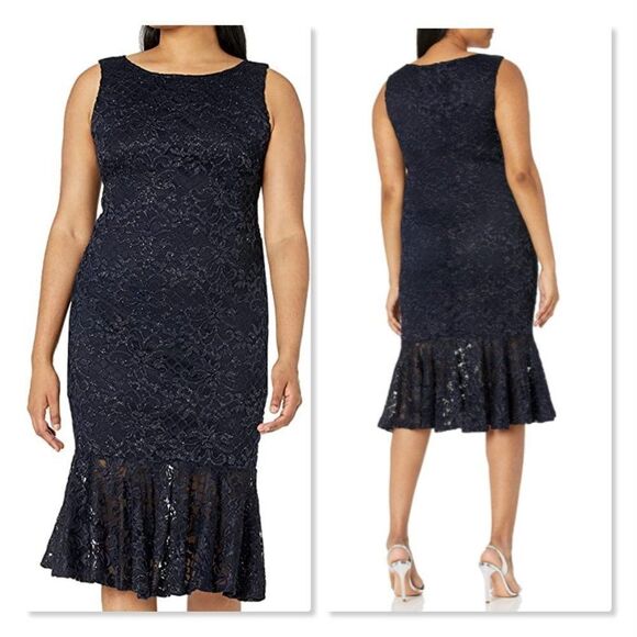 Marina Sparkle Lace Flare-Hem Sleeveless Cocktail Dress size 20W in Navy- NEW - Picture 1 of 13